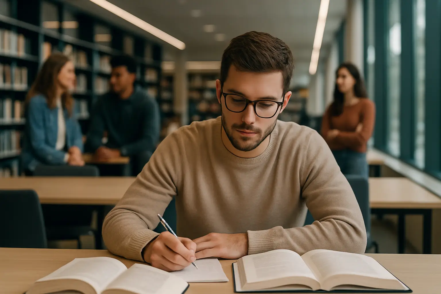 University student studying in library to improve GPA performance.