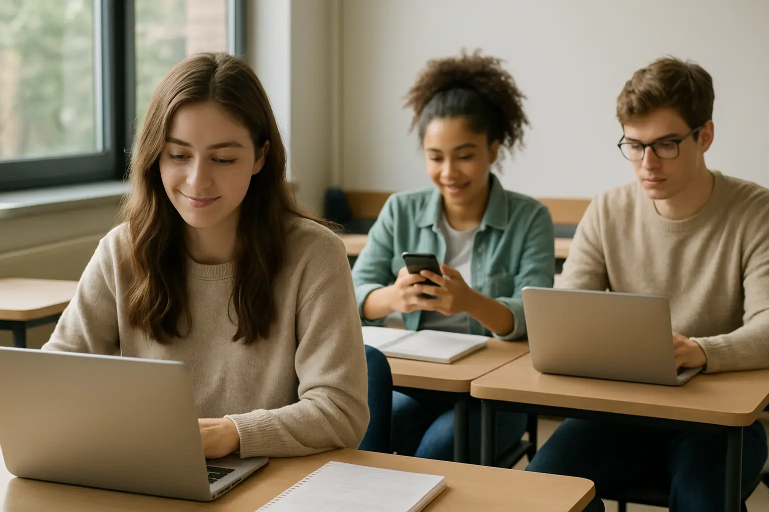 Students in a classroom using laptops and mobile devices for GPA learning tools.