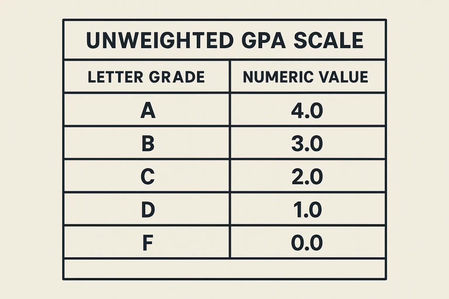 Unweighted GPA scale 0.0 to 4.0 with letter grades A to F