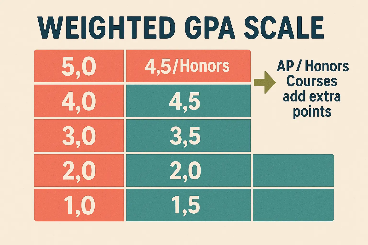 Weighted GPA scale showing extra points for AP and Honors courses